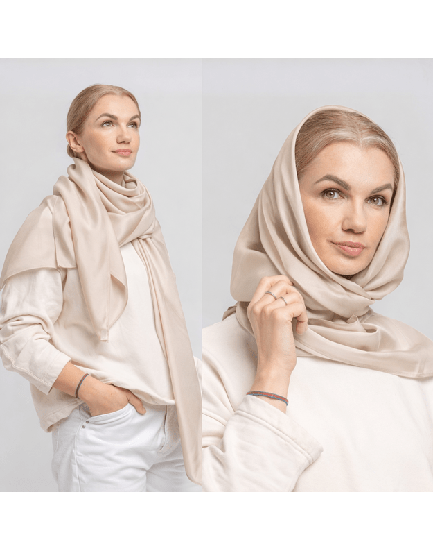 Prabangi didelė šilkinė kapučino spalvos skara