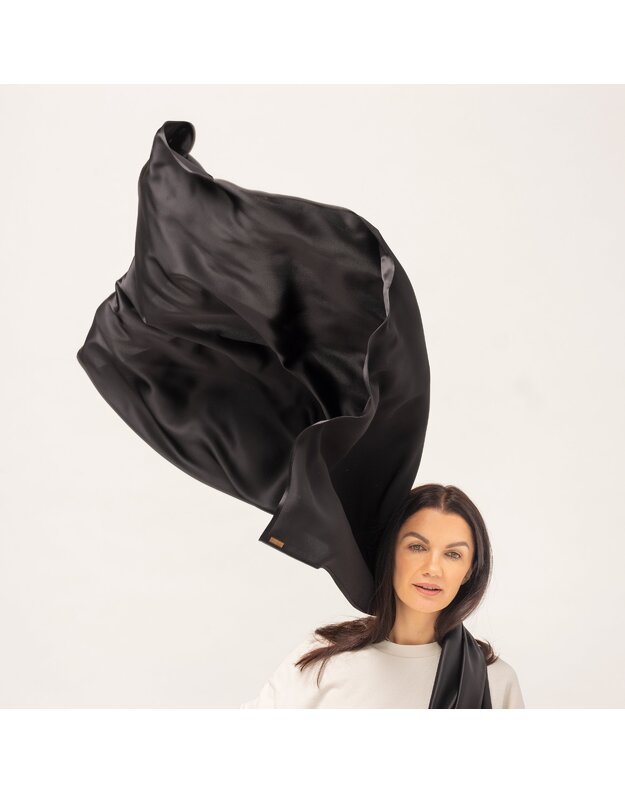 Didelė prabangi juoda atlasinė šilkinė skara  6